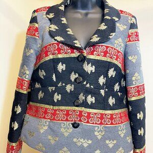 VTG Courtenay Red Gray Black Brocade Pattern Button Front Blazer Womens Size 10